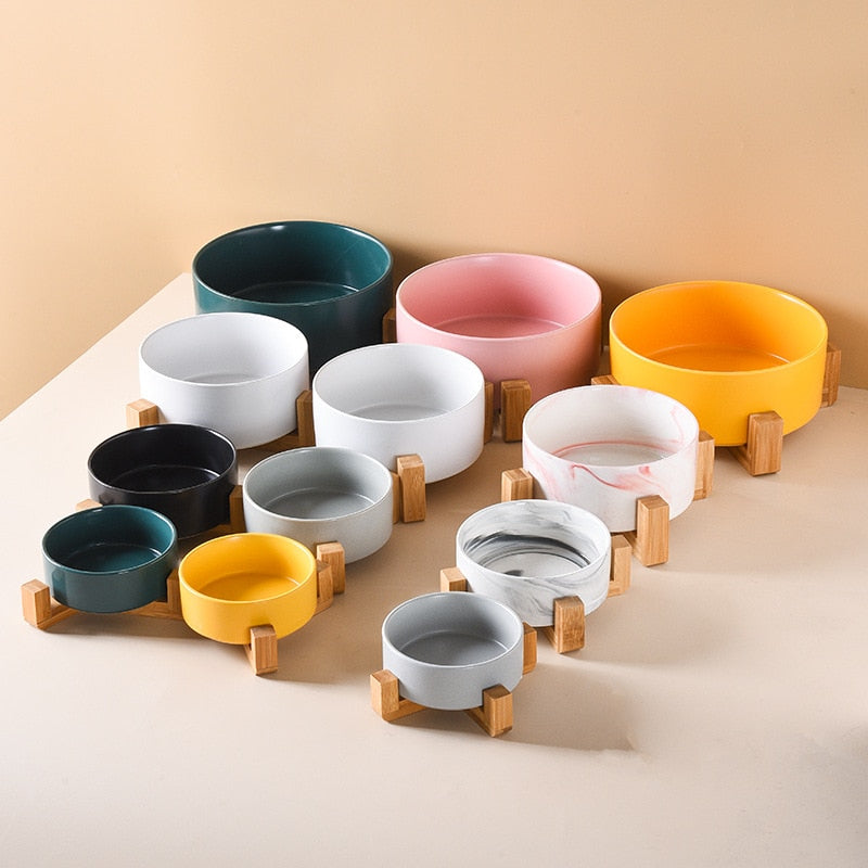 Ceramic Dog Bowl Cat Food Water Bowls with Wood Stand No Spill