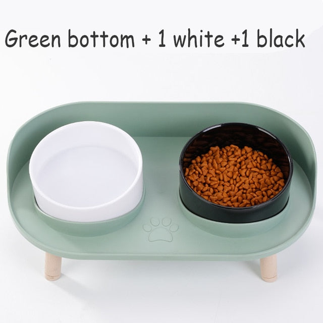 Cat Double Bowl Safety with Wood Stand and Silicone Mat Kitten