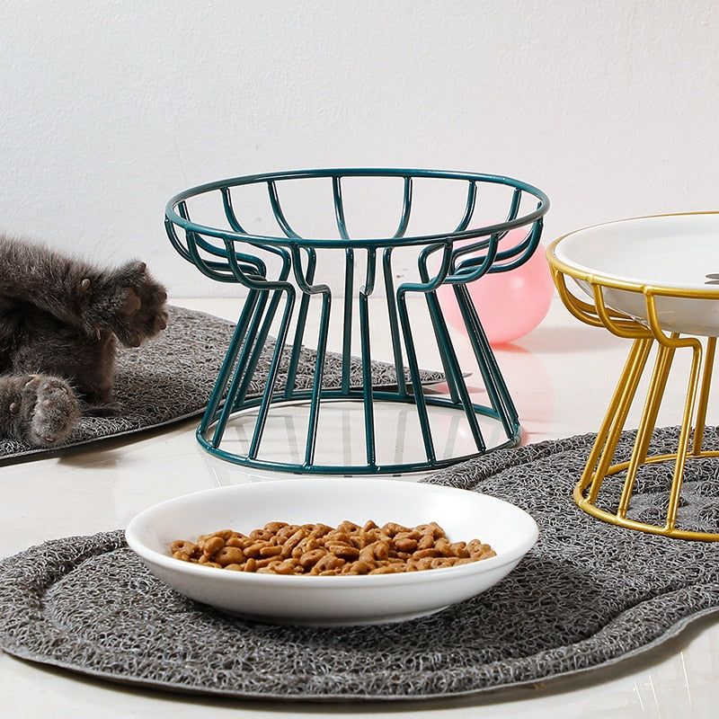 Cat Lift Bowl With Metal Stand Pet Ceramic Food Snacks Feeding