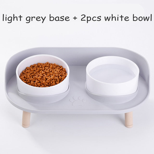 Cat Double Bowl Safety with Wood Stand and Silicone Mat Kitten