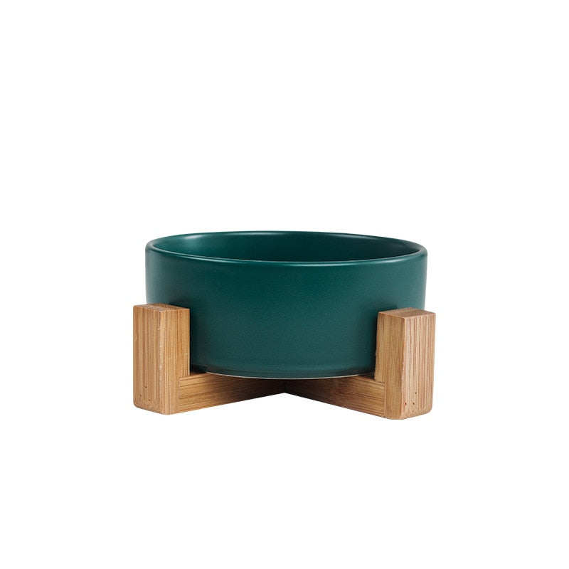 Ceramic Dog Bowl Cat Food Water Bowls with Wood Stand No Spill
