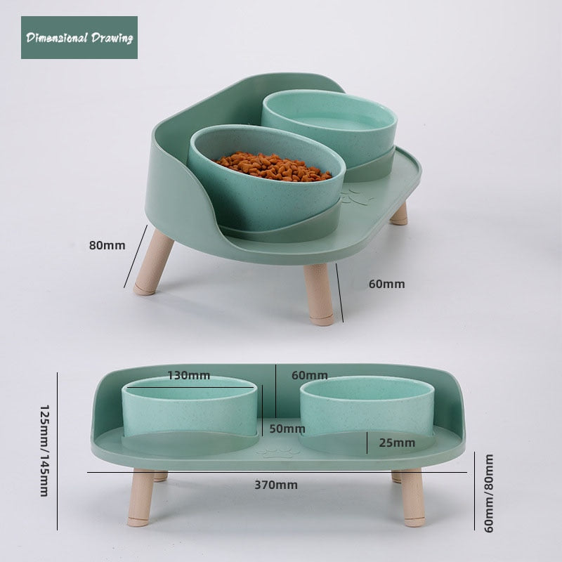 Cat Double Bowl Safety with Wood Stand and Silicone Mat Kitten
