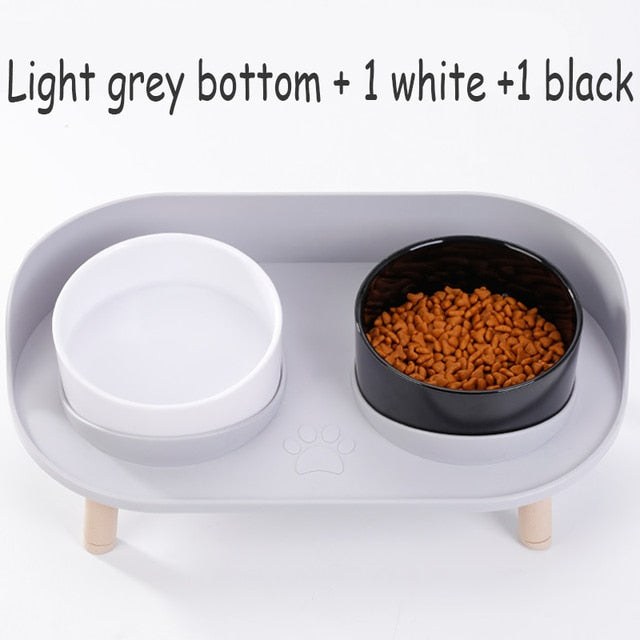Cat Double Bowl Safety with Wood Stand and Silicone Mat Kitten
