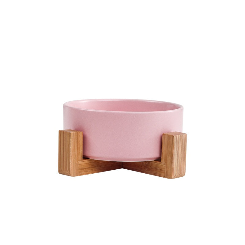Ceramic Dog Bowl Cat Food Water Bowls with Wood Stand No Spill