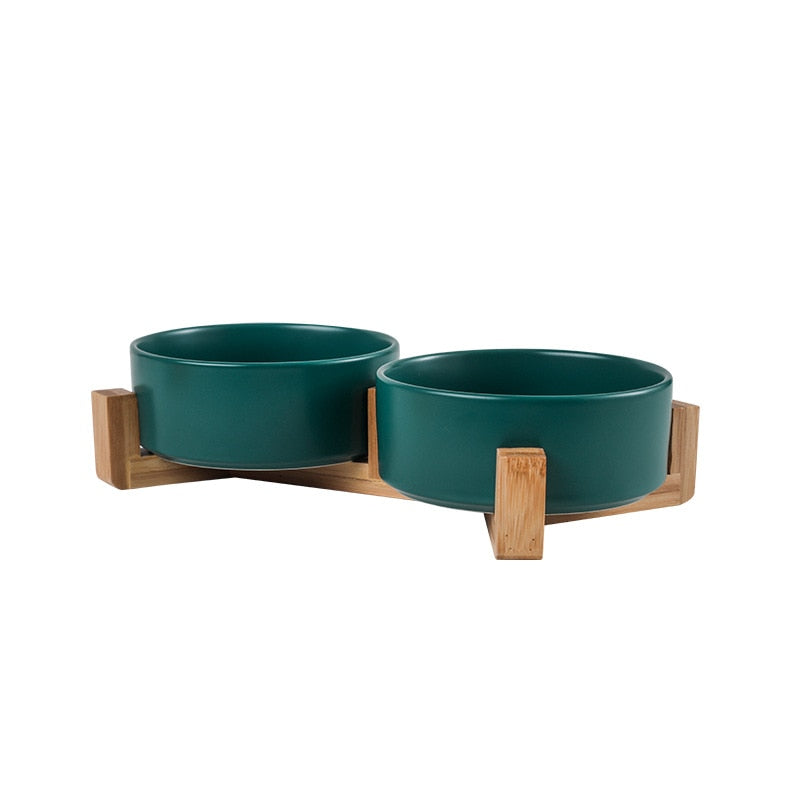Ceramic Dog Bowl Cat Food Water Bowls with Wood Stand No Spill