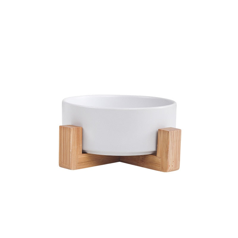 Ceramic Dog Bowl Cat Food Water Bowls with Wood Stand No Spill