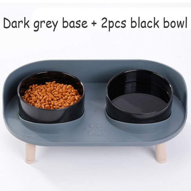 Cat Double Bowl Safety with Wood Stand and Silicone Mat Kitten