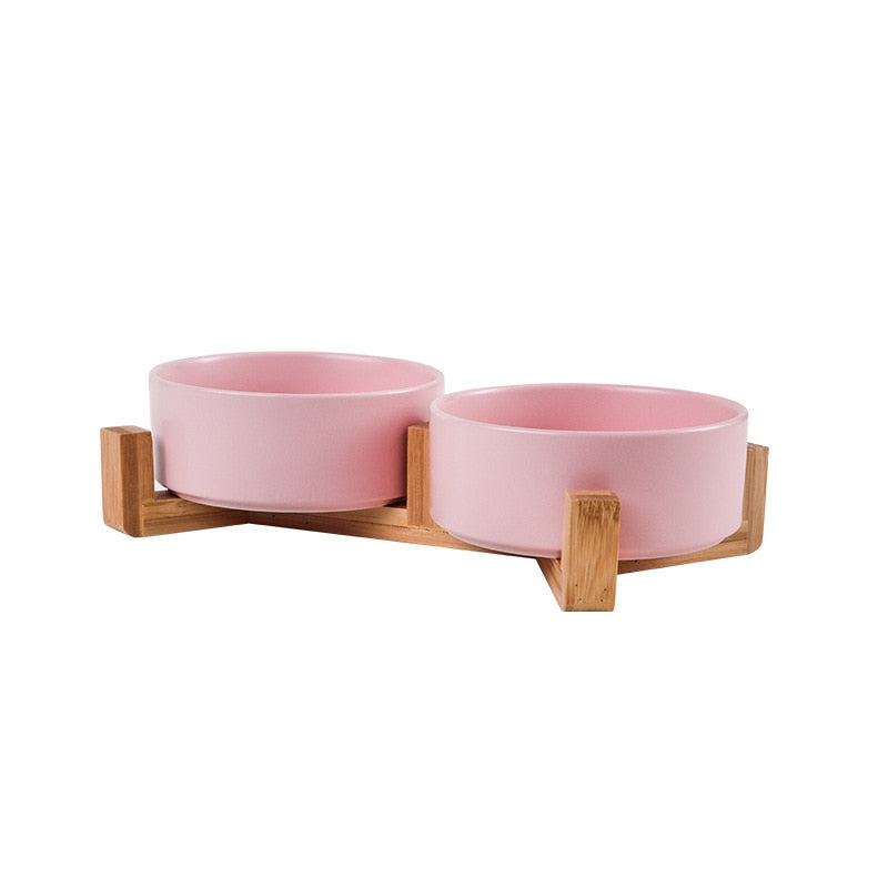 Ceramic Dog Bowl Cat Food Water Bowls with Wood Stand No Spill