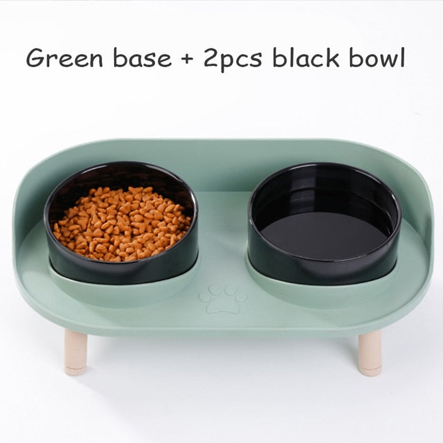 Cat Double Bowl Safety with Wood Stand and Silicone Mat Kitten