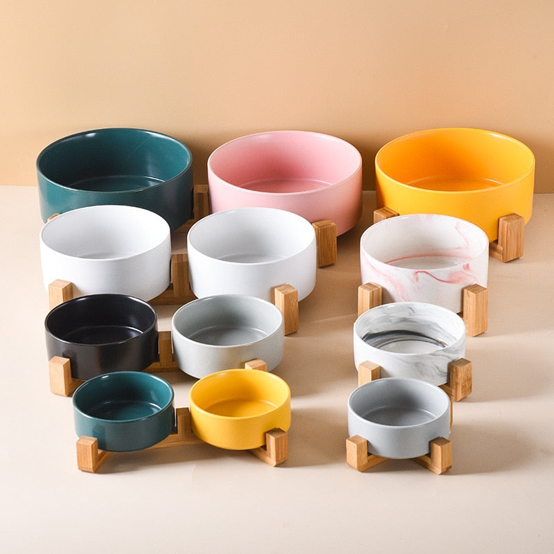 Ceramic Dog Bowl Cat Food Water Bowls with Wood Stand No Spill