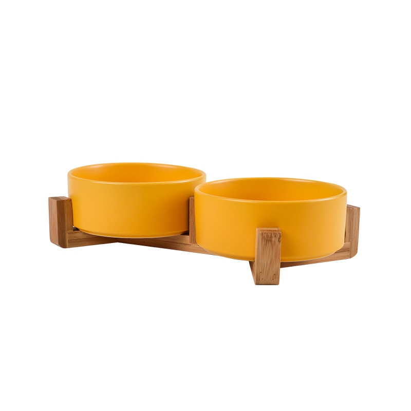 Ceramic Dog Bowl Cat Food Water Bowls with Wood Stand No Spill