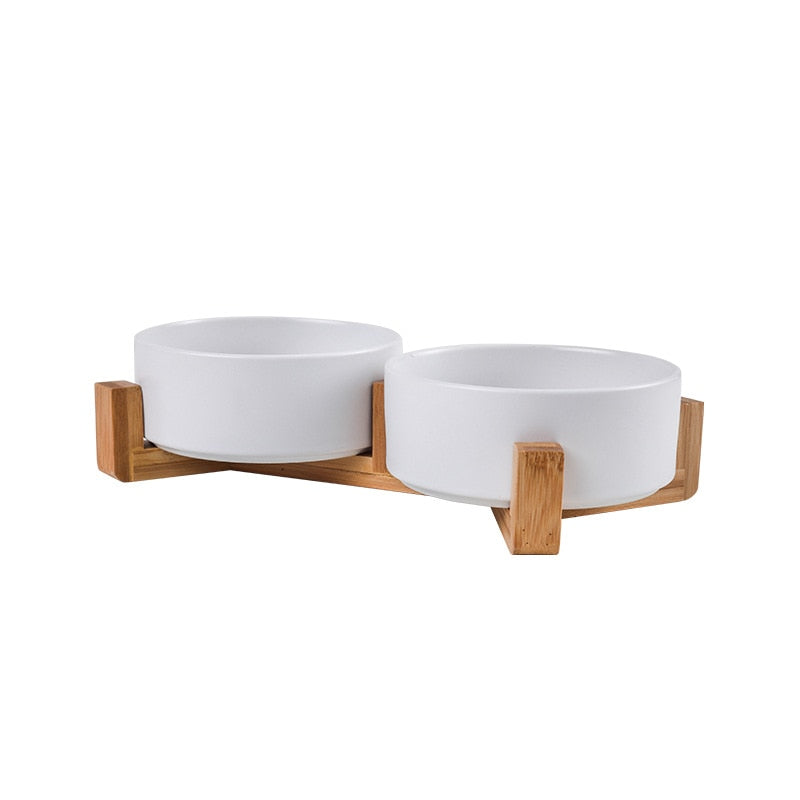 Ceramic Dog Bowl Cat Food Water Bowls with Wood Stand No Spill