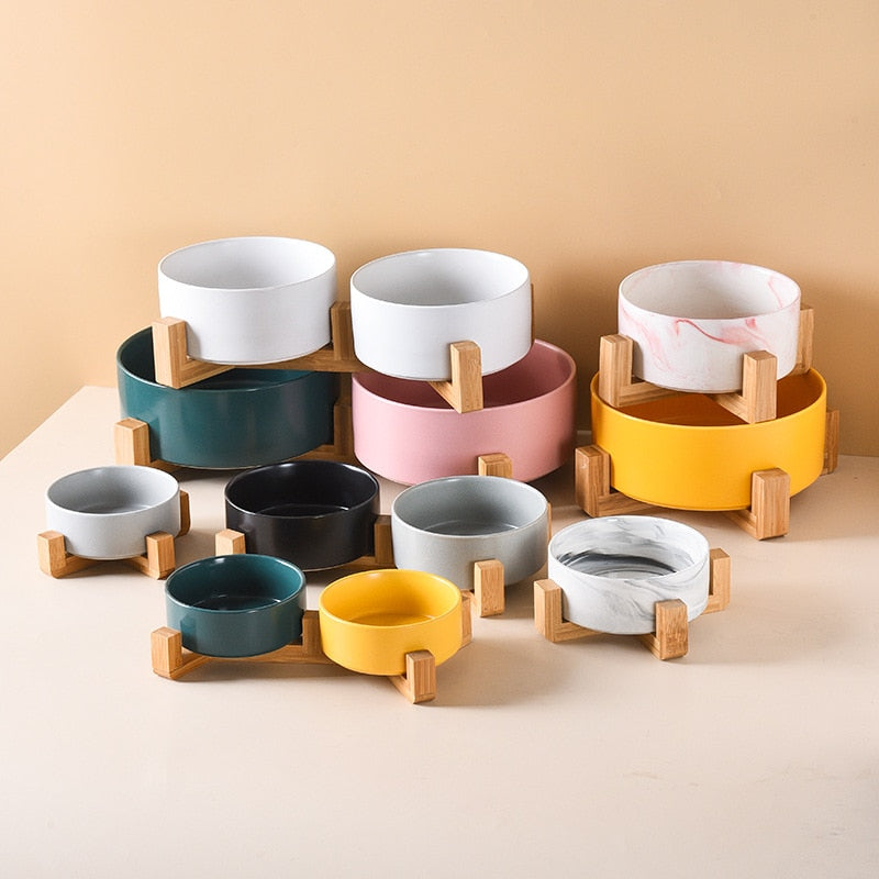 Ceramic Dog Bowl Cat Food Water Bowls with Wood Stand No Spill