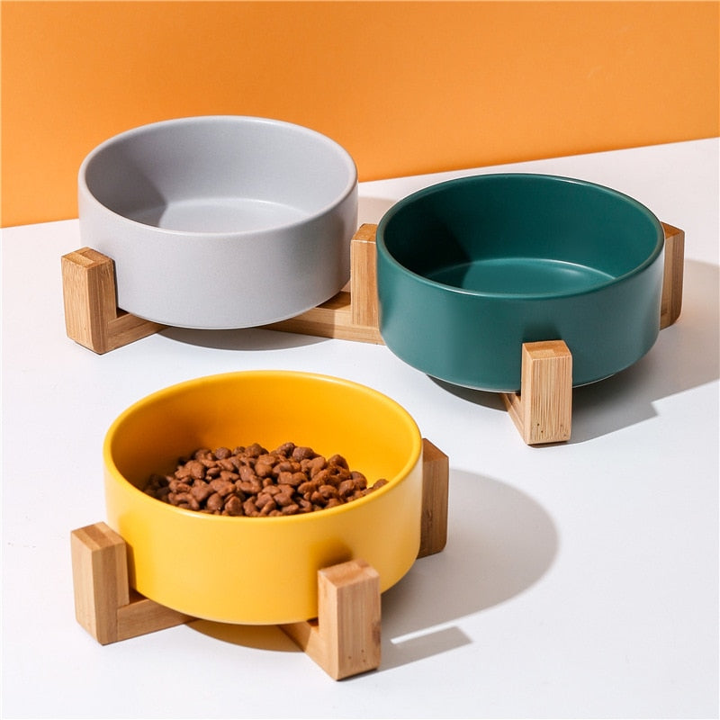 Ceramic Dog Bowl Cat Food Water Bowls with Wood Stand No Spill