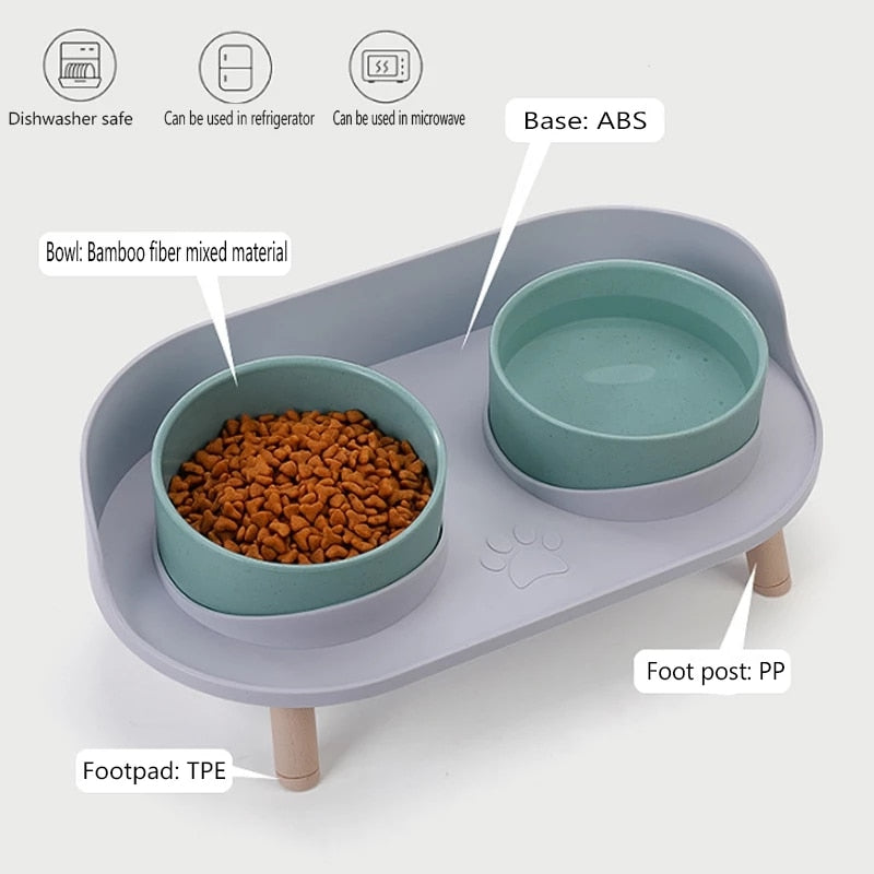 Cat Double Bowl Safety with Wood Stand and Silicone Mat Kitten