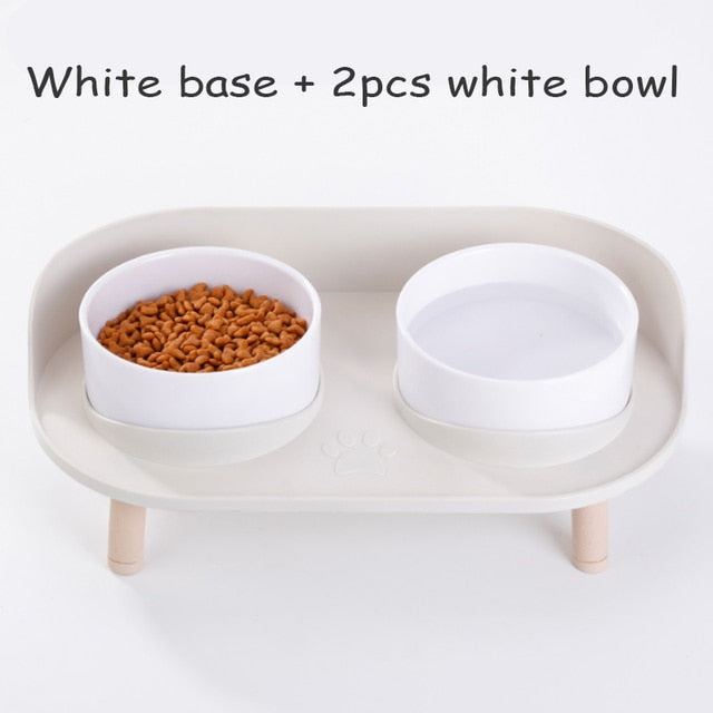 Cat Double Bowl Safety with Wood Stand and Silicone Mat Kitten