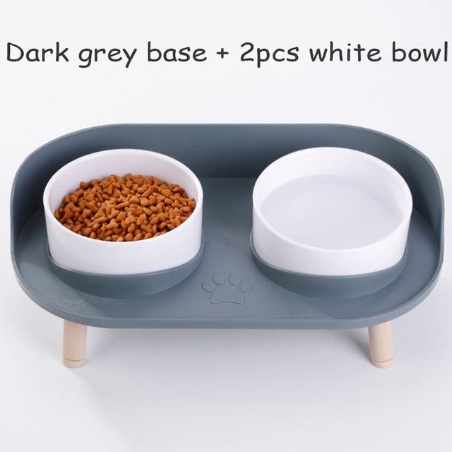 Cat Double Bowl Safety with Wood Stand and Silicone Mat Kitten