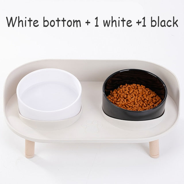 Cat Double Bowl Safety with Wood Stand and Silicone Mat Kitten