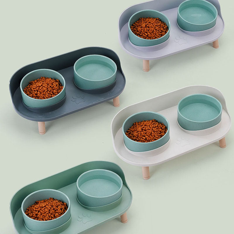 Cat Double Bowl Safety with Wood Stand and Silicone Mat Kitten