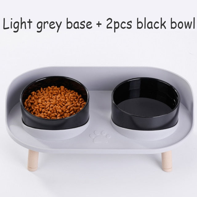 Cat Double Bowl Safety with Wood Stand and Silicone Mat Kitten