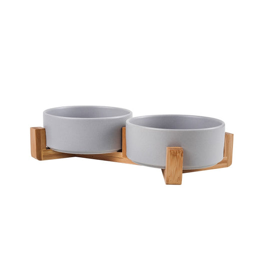 Ceramic Dog Bowl Cat Food Water Bowls with Wood Stand No Spill
