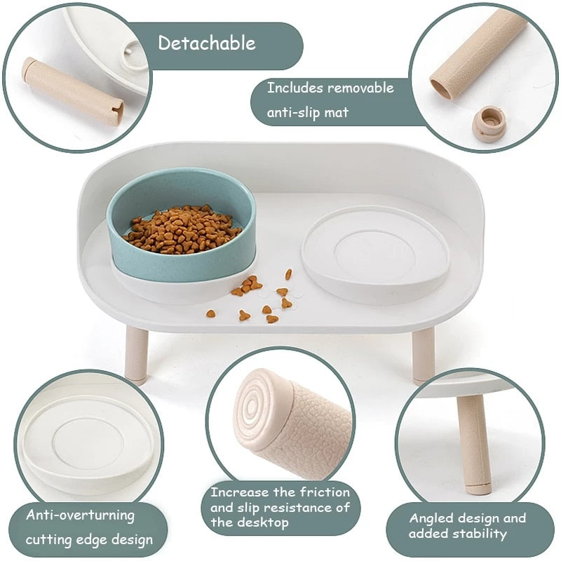 Cat Double Bowl Safety with Wood Stand and Silicone Mat Kitten