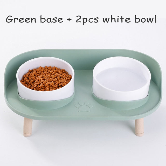 Cat Double Bowl Safety with Wood Stand and Silicone Mat Kitten