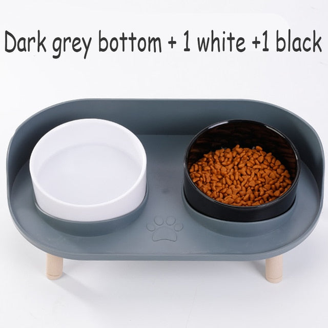 Cat Double Bowl Safety with Wood Stand and Silicone Mat Kitten