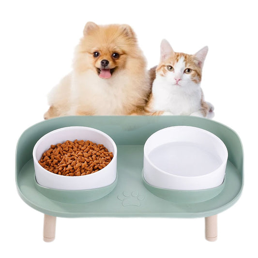 Cat Double Bowl Safety with Wood Stand and Silicone Mat Kitten